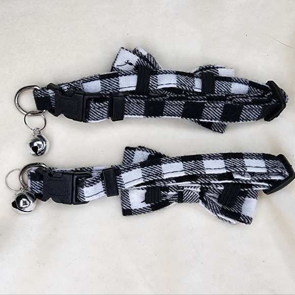 2 Black & White Buffalo Plaid Breakaway Pet Collars With Silver Bells - Picture 2 of 8